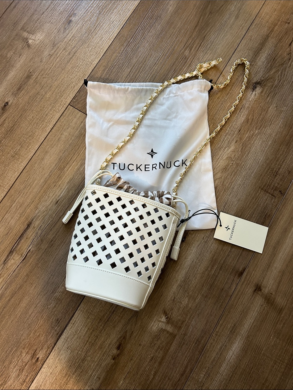 Tuckernuck white Laser-Cut Bucket Crossbody with Gold Chain new